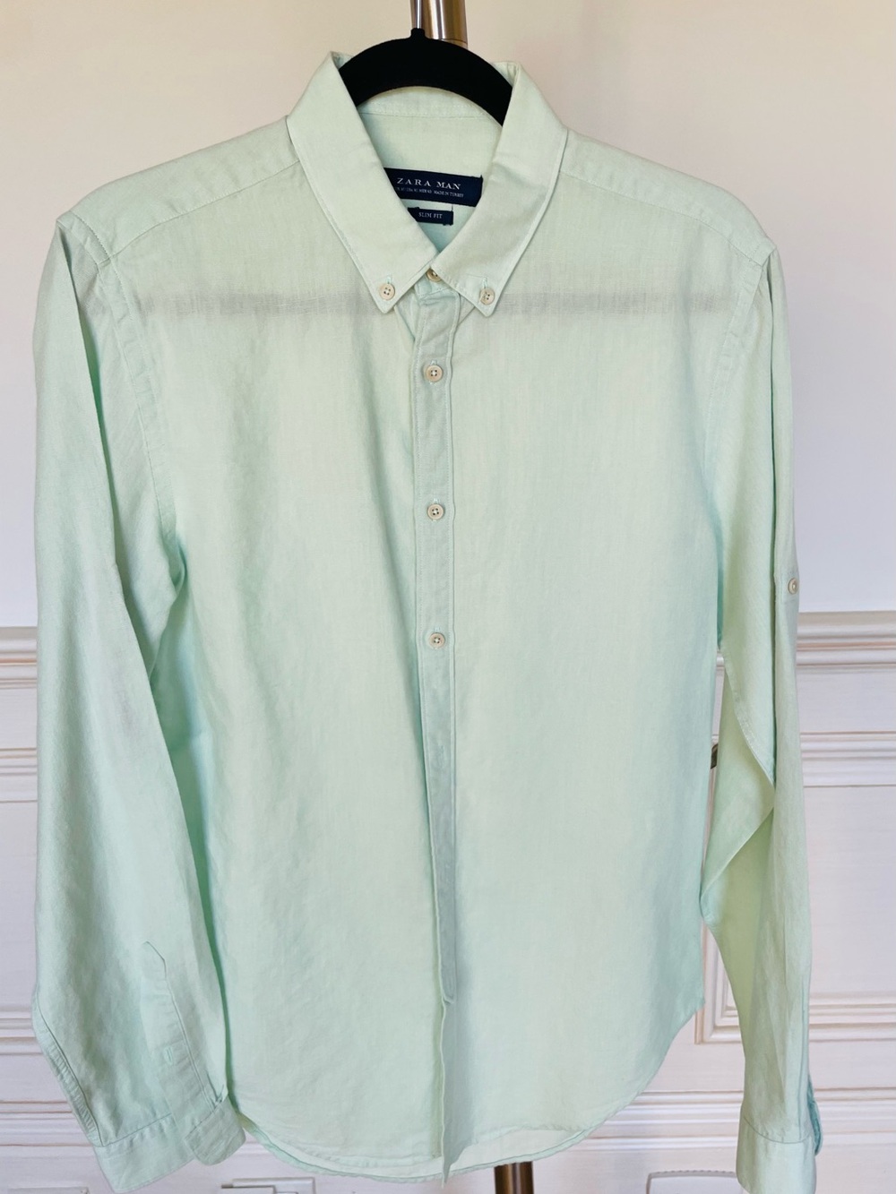 Zara Light Mint Green Button-Down Casual Shirt - Slim Fit